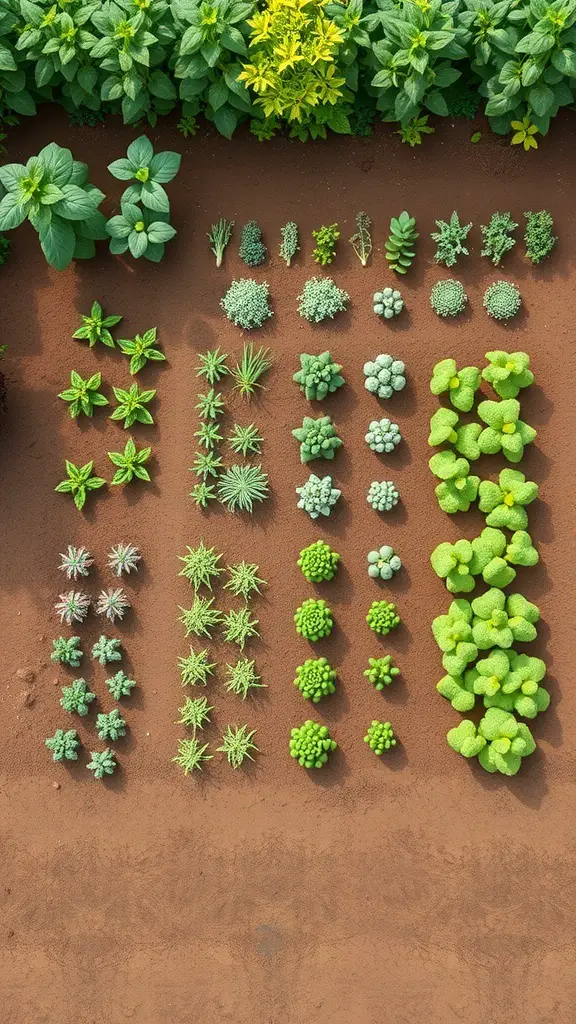 31+ Inspiring Bio Garden Ideas for a Sustainable Backyard 14 A variety of plants arranged in neat rows, showcasing different types of herbs and succulents.