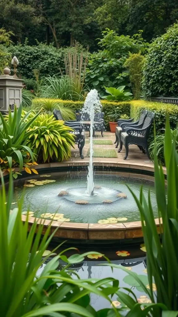 29+ Inspiring London Garden Ideas for Your Urban Oasis 21 A tranquil garden featuring a fountain surrounded by lush greenery and plants.