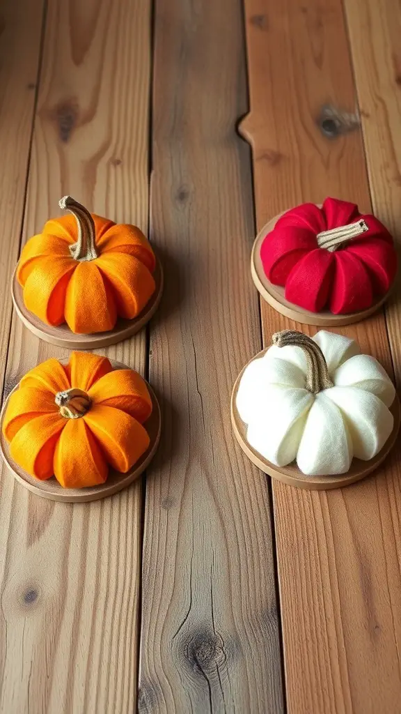 Colorful felt pumpkin coasters in orange, white, and red on a wooden surface.