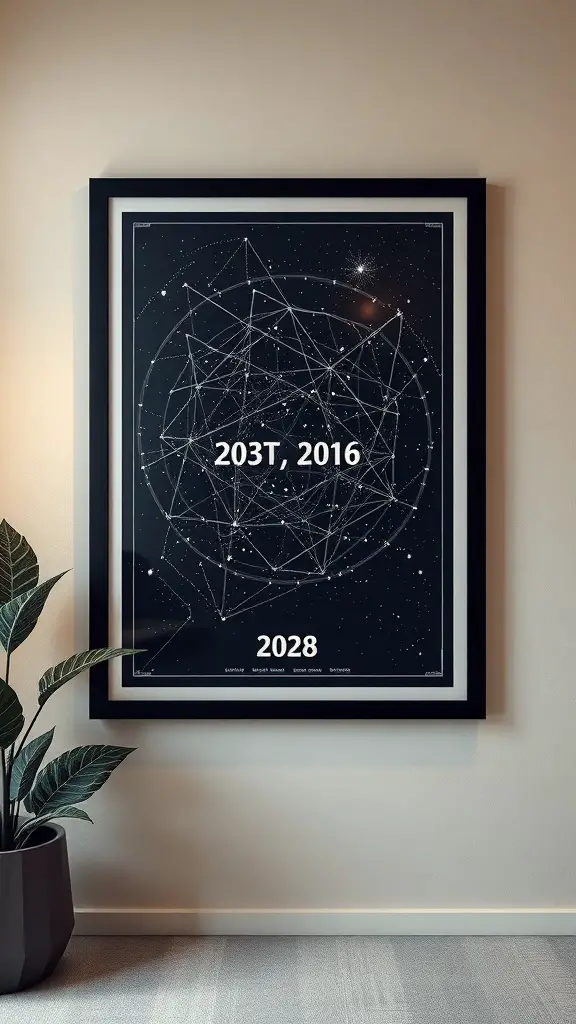 A framed personalized star map displaying constellations and dates.