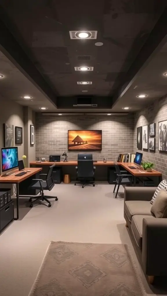 A cozy multi-functional basement space with a sofa, swivel chair, and desk area.