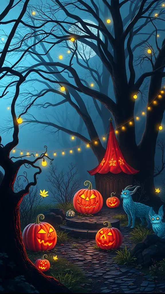 An enchanted forest scene with glowing jack-o'-lanterns, twinkling lights, and a whimsical blue creature.