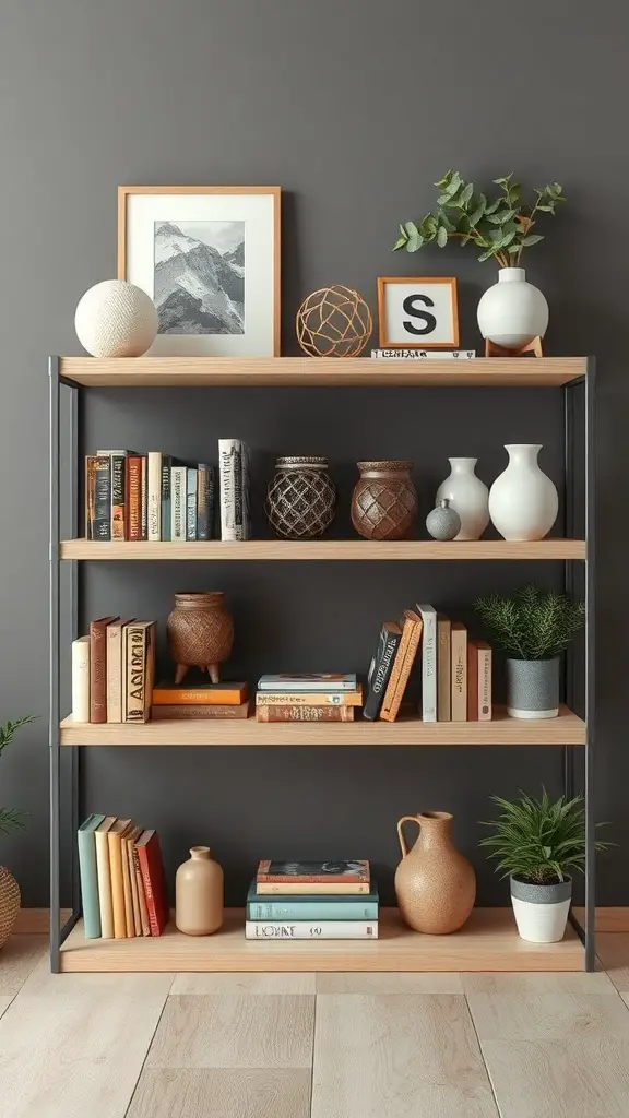 A stylish shelf decorated with books, vases, and plants, showcasing a balance of height and scale.