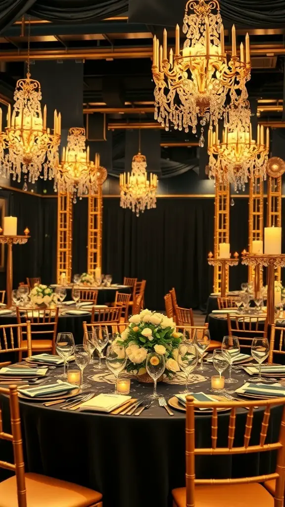 27+ Stunning Wedding Theme Color Schemes to Inspire Your Big Day 8 Elegant wedding reception with black and gold theme, featuring chandeliers and floral centerpieces.