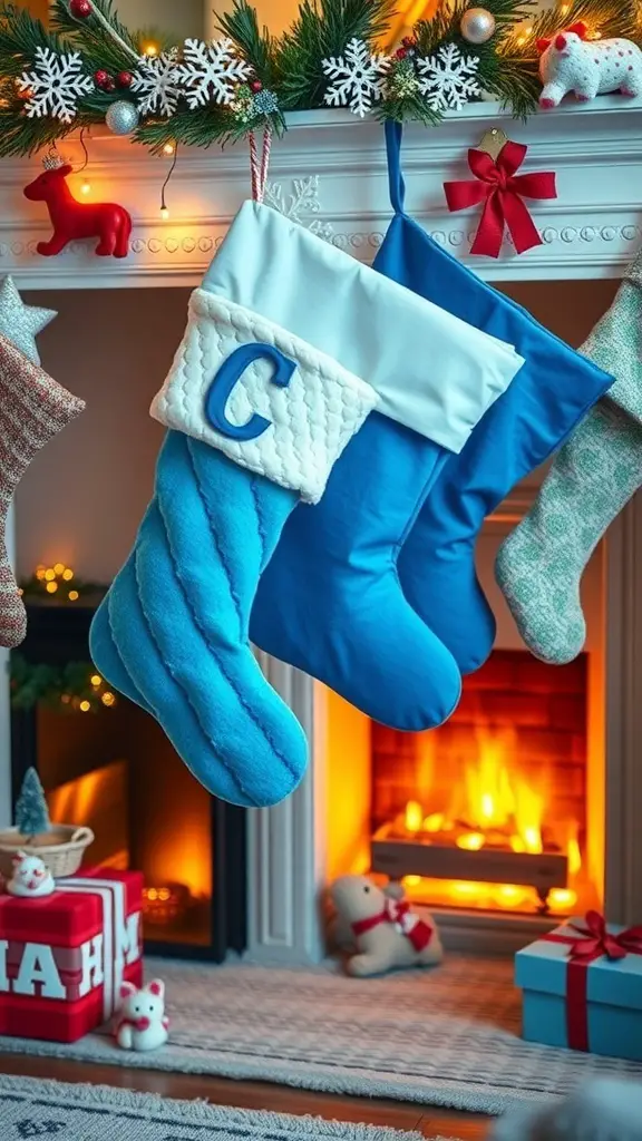 37+ Stunning Blue Christmas Decor Ideas for a Festive Winter Wonderland 10 Cerulean stockings hanging by a fireplace, decorated mantel, and colorful gift boxes