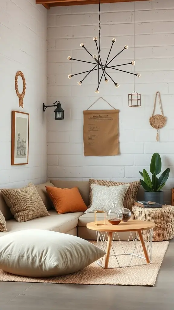 Cozy living room nook with soft textiles and warm colors