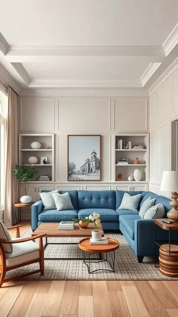 29+ Stunning Blue Couch Living Room Ideas You’ll Love 13 A living room featuring a blue couch, wooden coffee table, and decorative shelves.