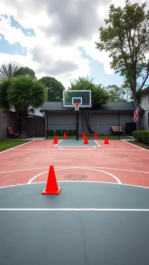 25+ Inspiring Backyard Basketball Court Ideas 13 A backyard basketball court with cones arranged for training drills.
