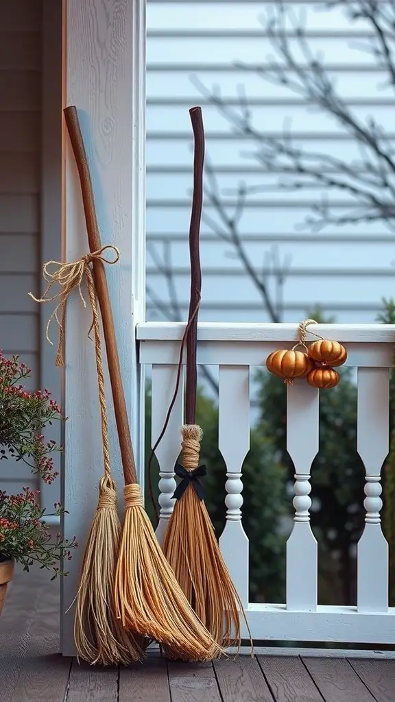 29+ Creative Halloween Porch Ideas to Spookify Your Home 20 A collection of broomsticks leaning against a porch railing, with decorative pumpkins hanging nearby.