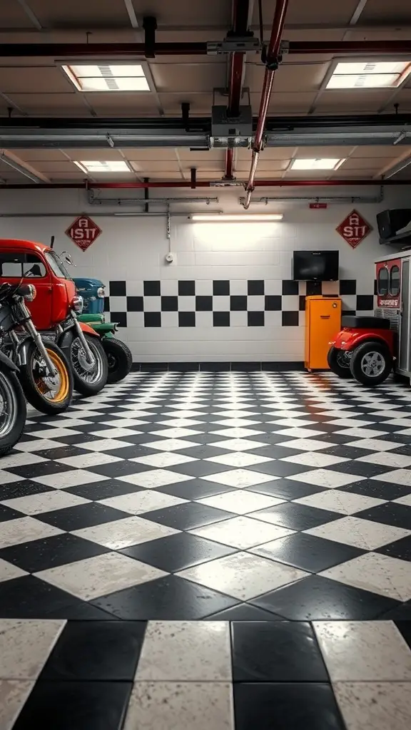 25+ Creative Garage Tile Floor Ideas to Transform Your Space 13 A garage with a checkered tile floor pattern, featuring vintage cars and motorcycles.