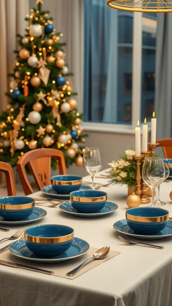 A beautifully set table with blue and gold dinnerware, surrounded by a decorated Christmas tree.