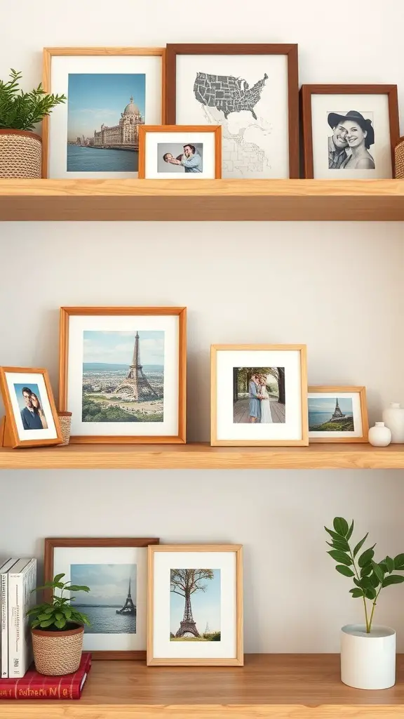 A wooden shelf displaying various framed photos and small plants.