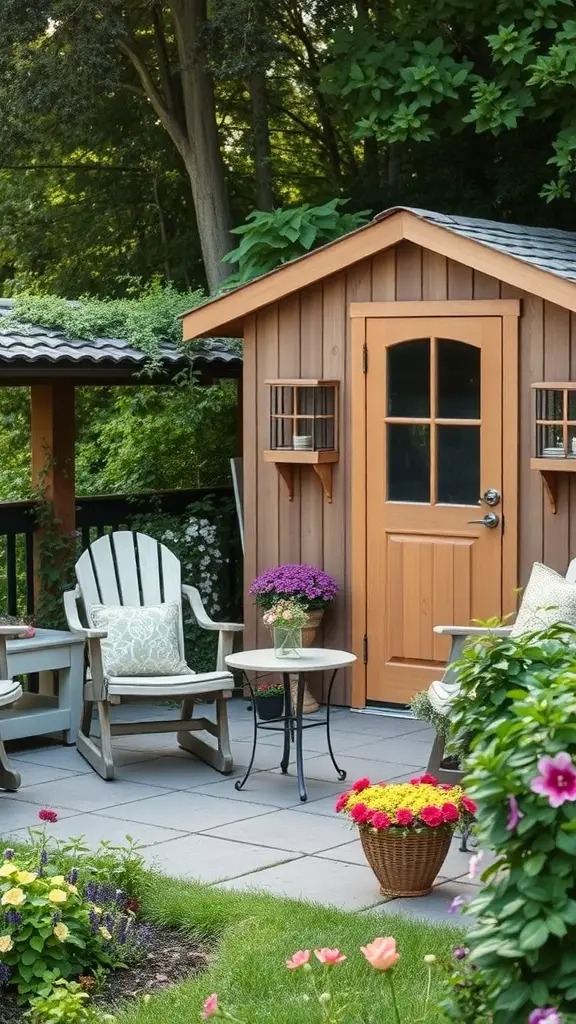 21+ Stunning Shed Landscaping Ideas to Transform Your Garden 2 Cozy outdoor seating area with two chairs and a small table by a shed, surrounded by greenery and flowers.