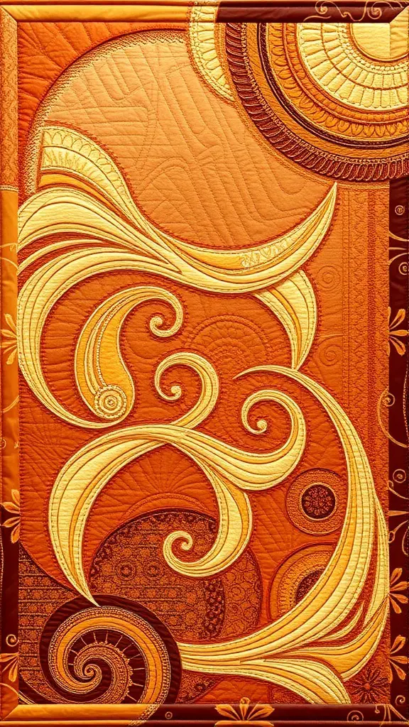 A colorful quilt featuring warm tones and intricate patterns, labeled 'Cinnamon' and 'GAMET'.