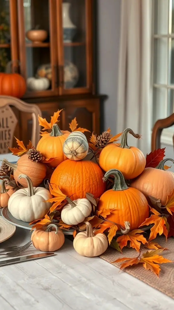 A beautiful harvest-themed centerpiece featuring pumpkins, autumn leaves, and pinecones.