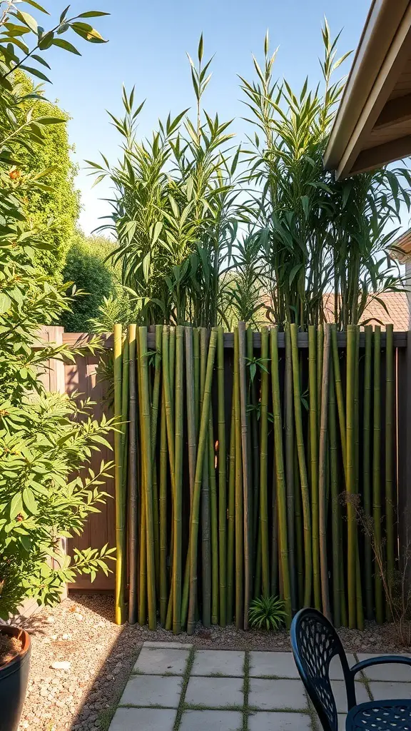 A weatherproof fake bamboo privacy screen in a landscaped outdoor area.