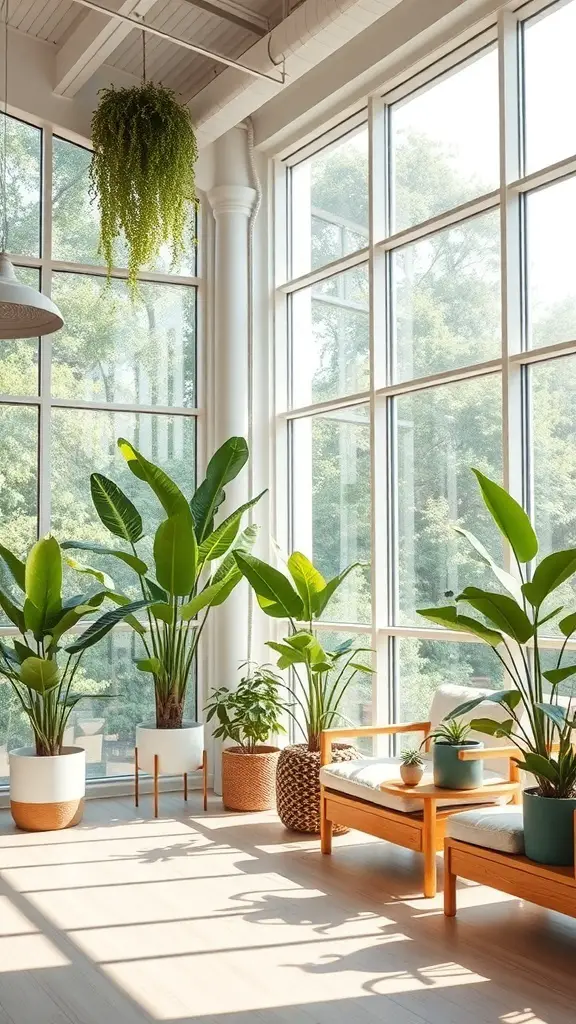 Bright indoor space with large windows, plants, and cozy seating.