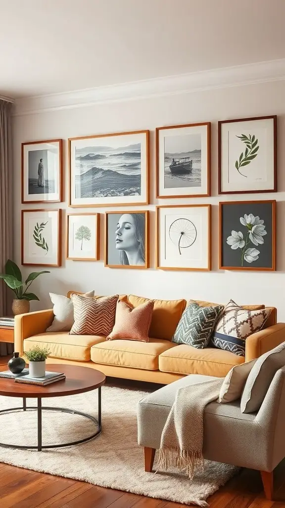 A cozy living room featuring a gallery wall with black-and-white photographs in wooden frames.