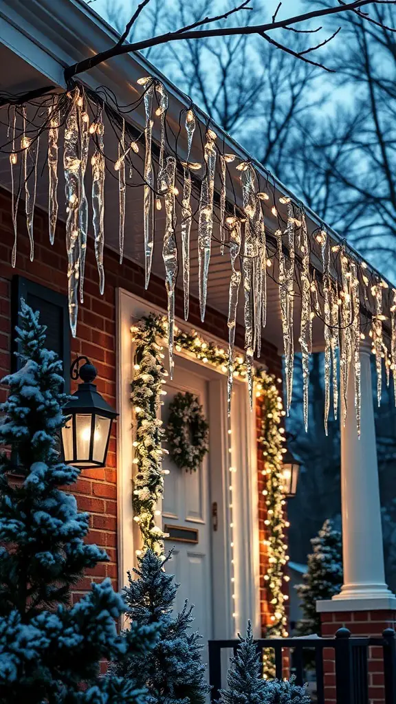 A house decorated with sparkling icicle lights hanging from the roof, surrounded by snow-covered trees.