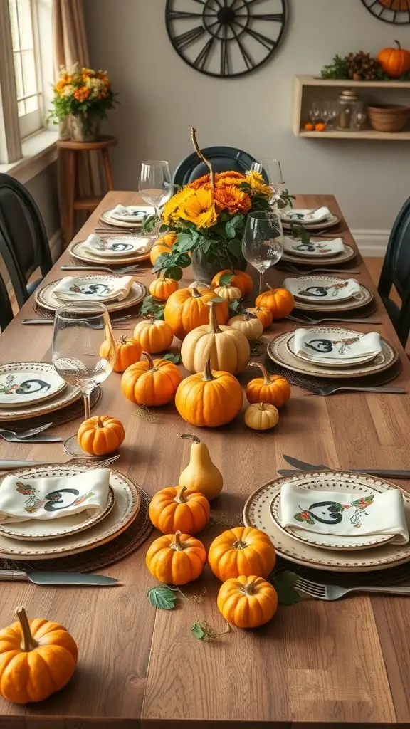 25+ Stunning Fall Dining Table Decor Ideas You Need to Try 21 A fall dining table beautifully decorated with pumpkins and sunflowers.