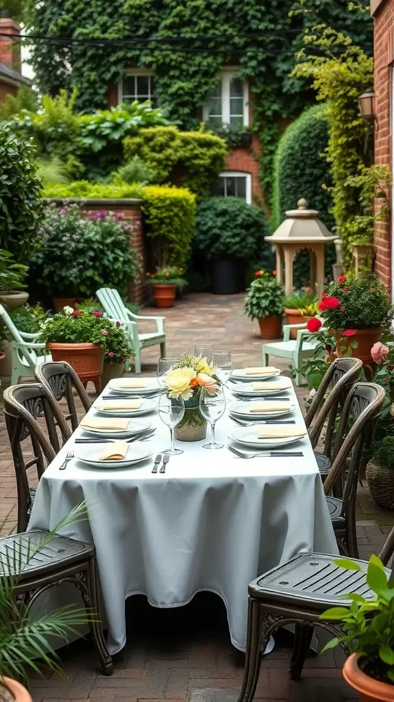 A beautifully set outdoor dining table in a townhouse garden surrounded by lush greenery and colorful flowers.