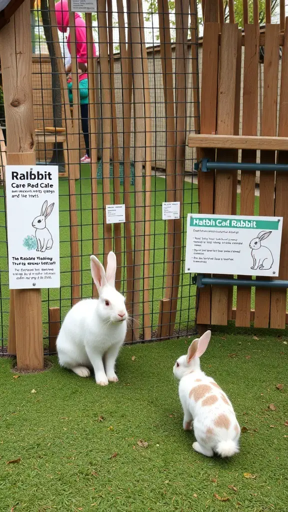 27+ Must-Have Features for the Ultimate Rabbit Playground 11 Two rabbits in a playground with educational signage about rabbit care and breed information.