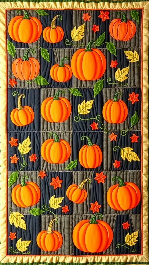 A colorful quilt featuring various pumpkins and leaves on a dark background, showcasing a fall theme.
