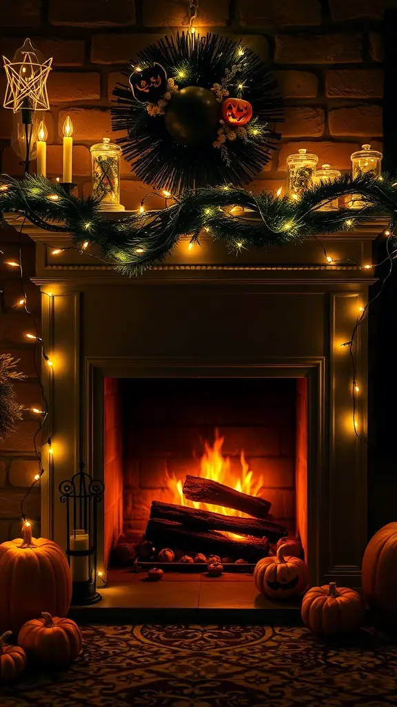 27+ Spooktacular Halloween Fireplace Decor Ideas You Need to Try 17 A cozy fireplace decorated for Halloween with fairy lights, pumpkins, and candles.