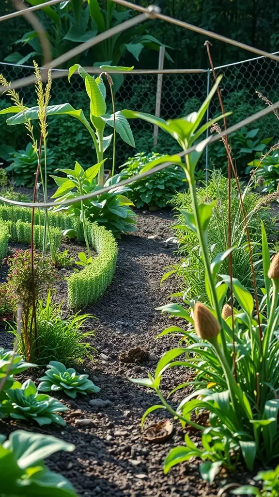 31+ Inspiring Bio Garden Ideas for a Sustainable Backyard 4 A lush bio garden with a winding path and diverse plant life, showcasing permaculture principles.