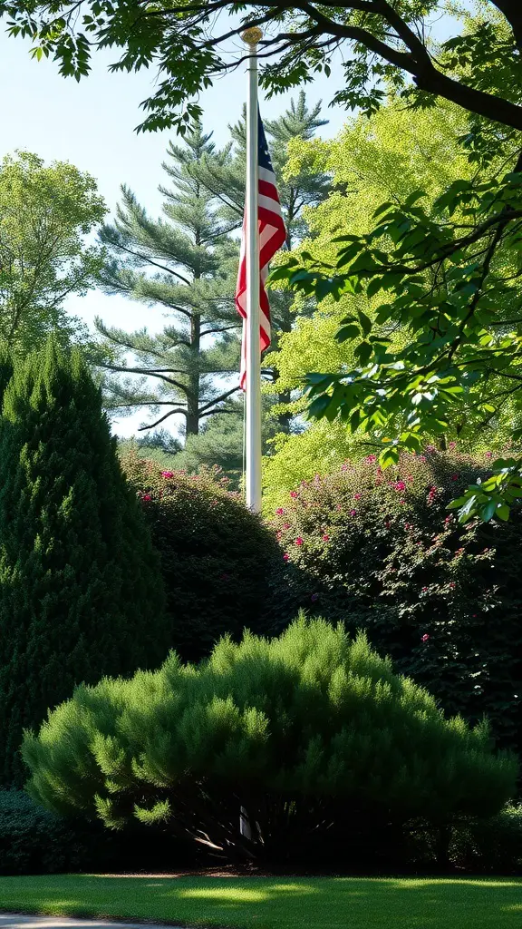 A flag pole surrounded by lush greenery and flowering plants, creating a private and serene landscape.