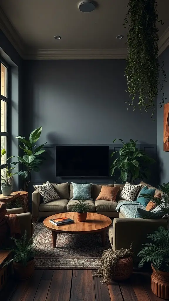 25+ Dark Academia Living Room Essentials You Need for a Cozy Aesthetic 4 Cozy living room with dark gray walls, plants, and inviting furniture