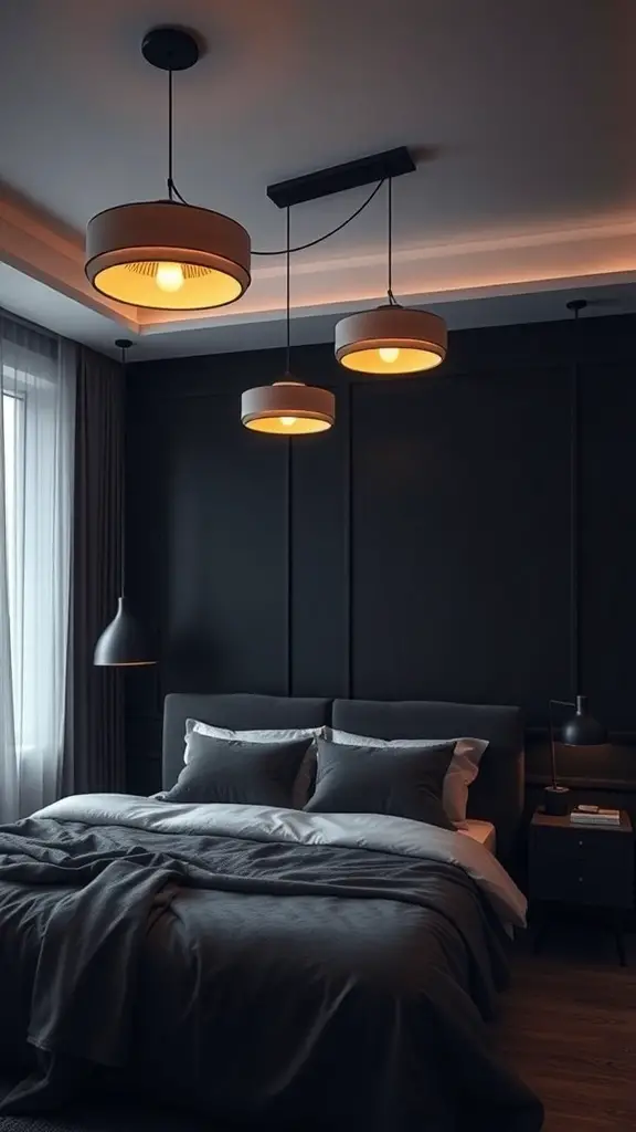 A dark modern bedroom featuring stylish pendant lighting above the bed.