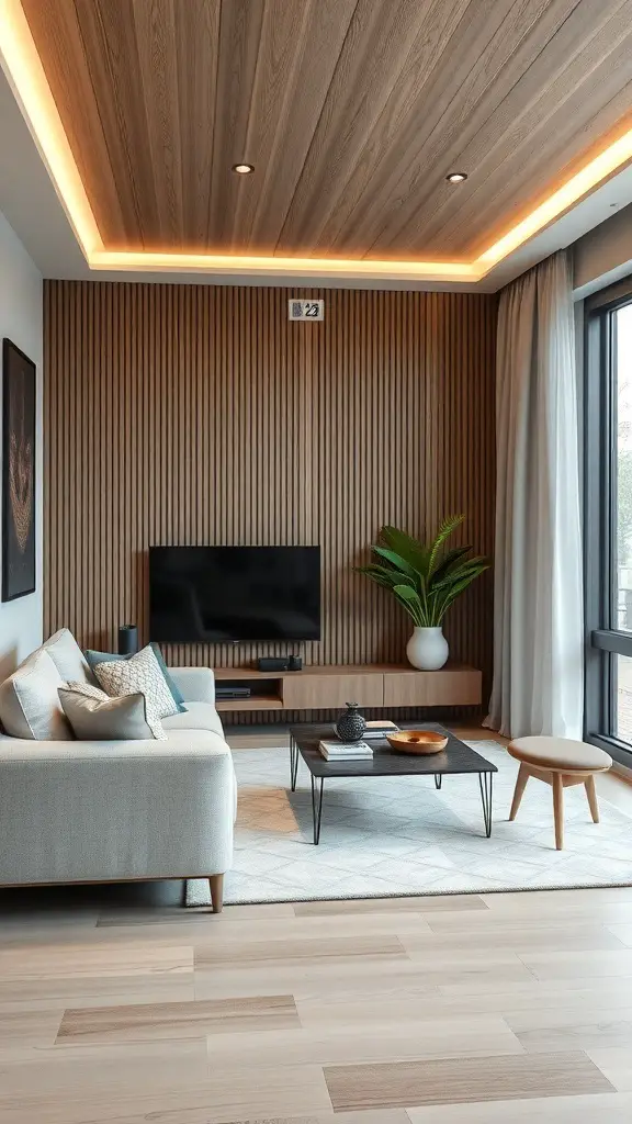 27+ Stunning Small Living Room and Dining Area Combinations 17 A modern small living room with a cozy sofa, wooden wall, and a TV, showcasing a blend of style and technology.