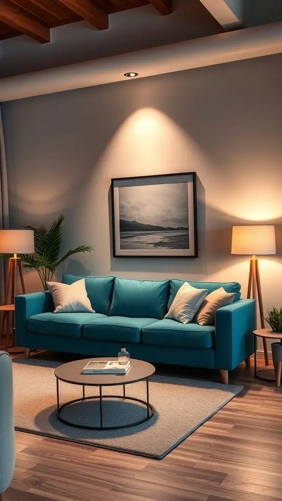 A cozy living room featuring a teal couch, warm lighting, and decorative elements.