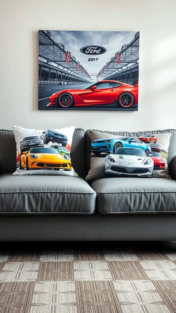 23+ Creative Car Room Decor Ideas for Enthusiasts 19 A cozy couch with car-themed accent pillows featuring colorful cars and a Ford poster above.