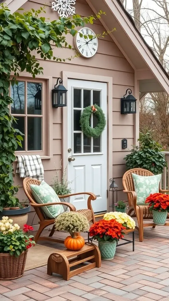 A cozy cottage patio with wicker chairs, colorful flower pots, and seasonal decorations.
