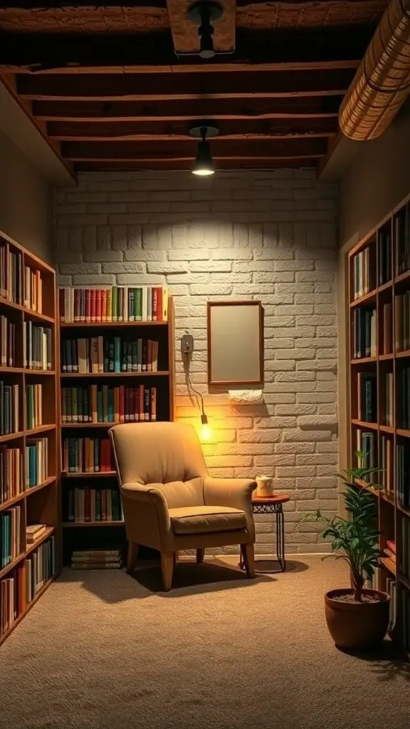 Cozy reading nook under the stairs with a chair, bookshelves, and warm lighting.