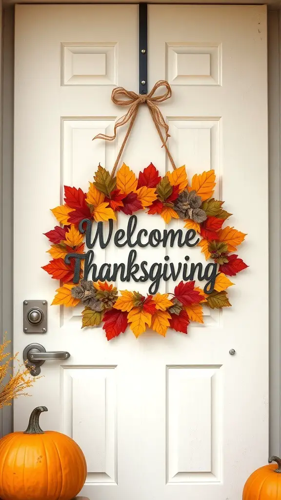 A colorful autumn wreath with the word 'Thanksgiving' on a door, surrounded by pumpkins.