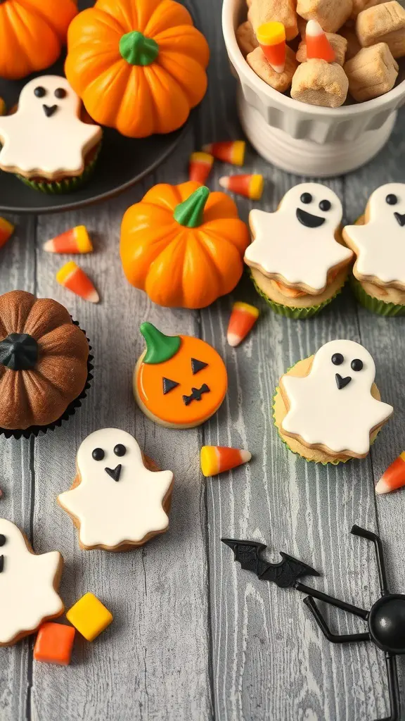 A variety of Halloween treats including ghost cookies, pumpkin cupcakes, and candy corn.