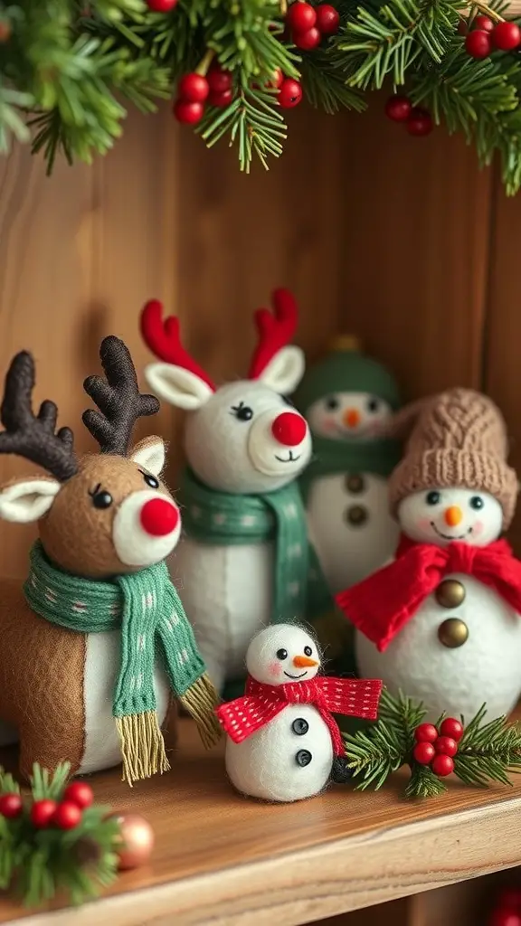 A collection of felted wool animal ornaments including a reindeer, snowman, and other festive characters.