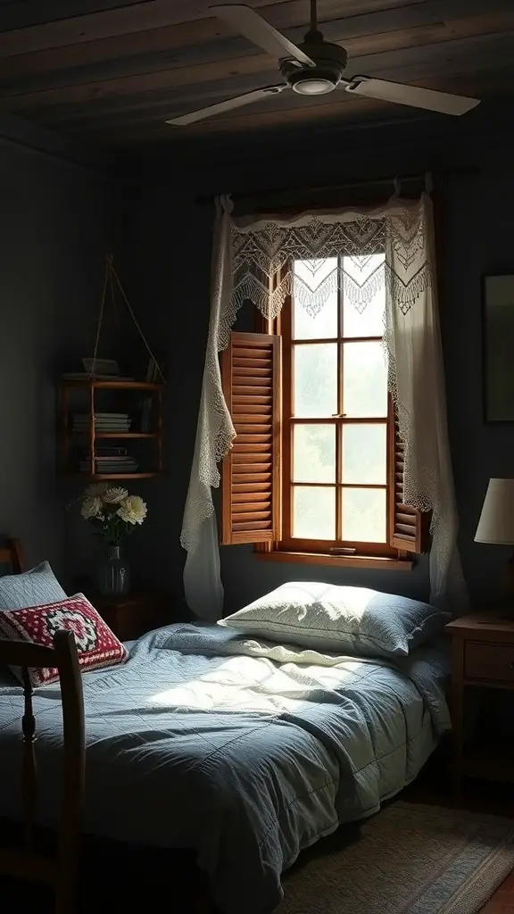 37+ Dark Cottagecore Bedroom Ideas: 15 Must-Have Items for a Cozy Retreat 2 A cozy dark cottagecore bedroom with a wooden window featuring shutters and lace curtains.