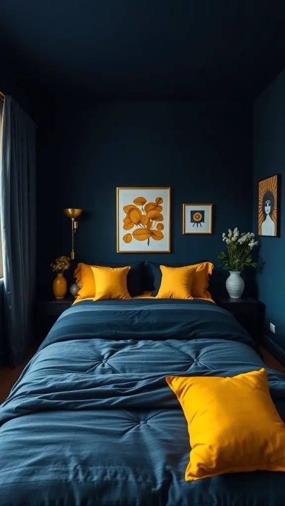 37+ Stunning Dark Blue Bedroom Ideas for a Cozy Retreat 3 A dark blue bedroom with bright yellow accent pillows and artwork.