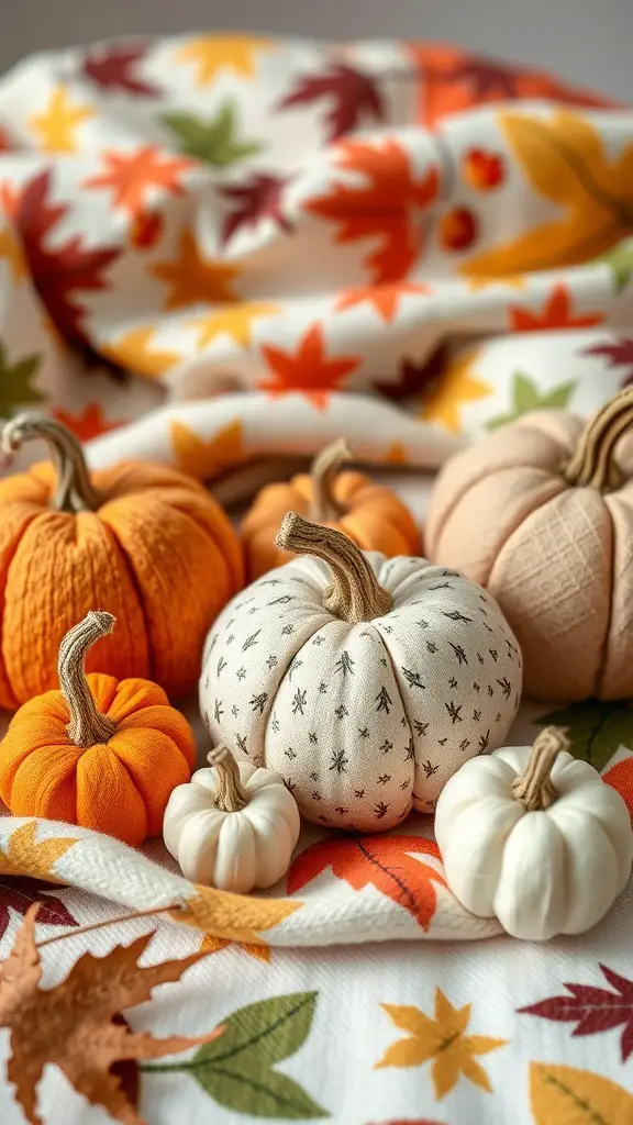 A collection of colorful pumpkin plushies on a patterned blanket with autumn leaves.