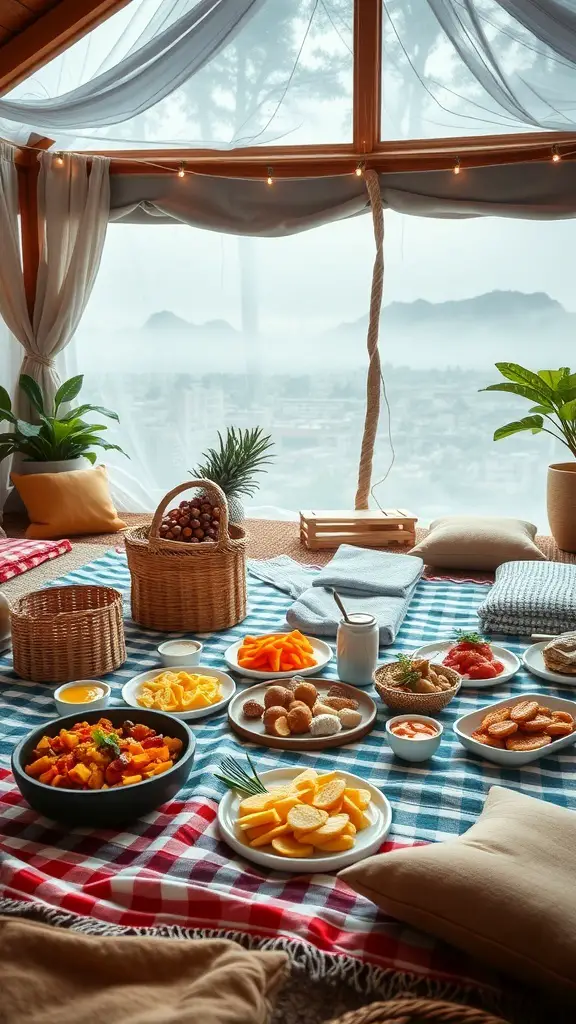 A cozy indoor picnic setup with a colorful blanket, snacks, and a beautiful view.