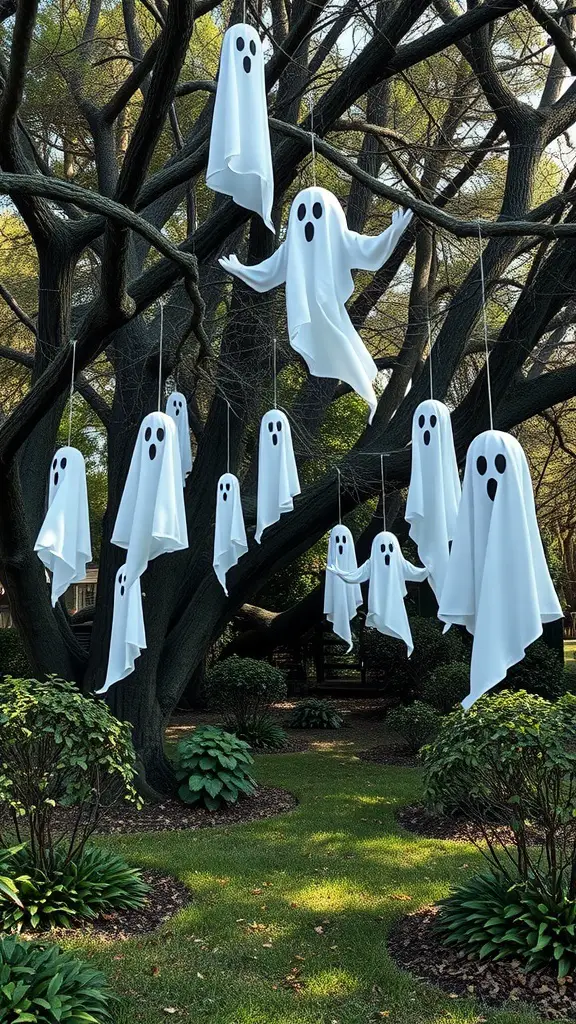 A tree decorated with hanging ghost figures made from white sheets, creating a spooky Halloween atmosphere.