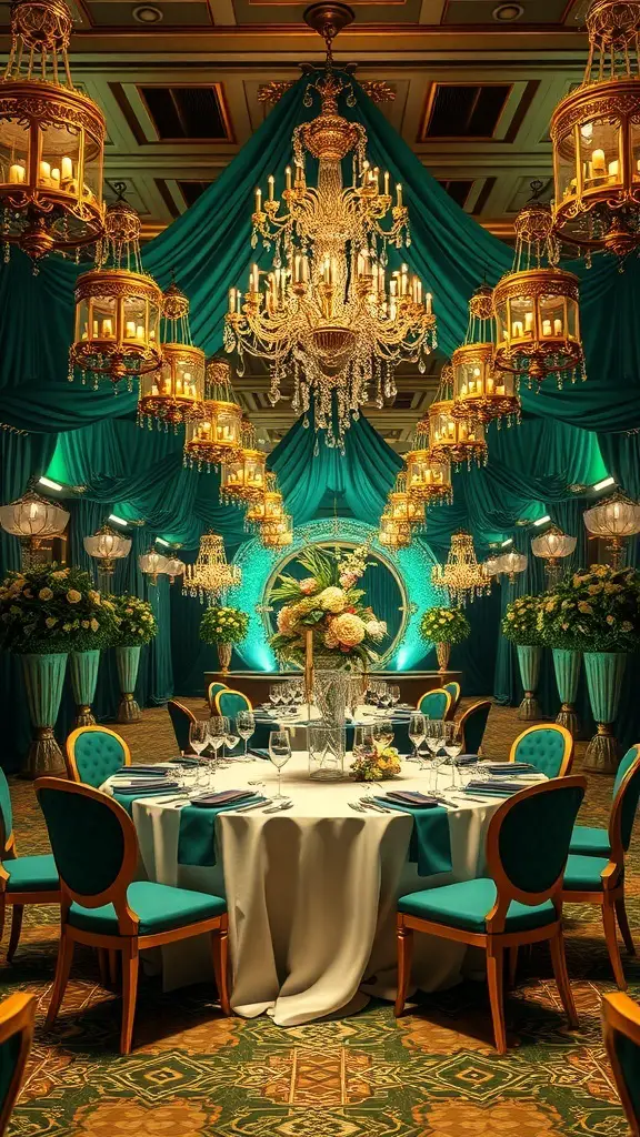 27+ Stunning Wedding Theme Color Schemes to Inspire Your Big Day 19 A lavish wedding setup featuring emerald drapes, gold accents, and elegant table settings.