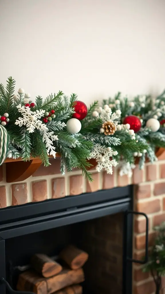 A beautifully decorated winter wonderland garland with greenery, red and white ornaments, and snowflakes, placed above a fireplace.
