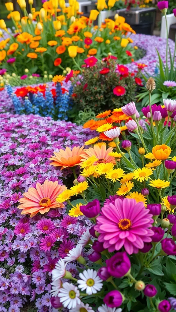 A vibrant flower bed filled with colorful perennial flowers in various shades.