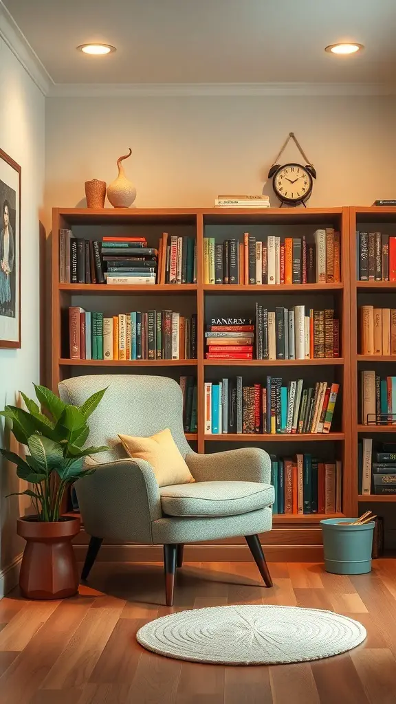 31+ Inspiring Mid Century Decor Ideas for a Stylish Home 12 Cozy reading nook with a chair, bookshelf, and plant