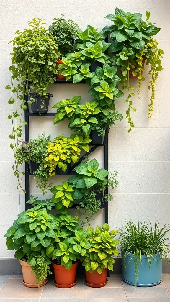 A tiered vertical garden with various green plants in pots.
